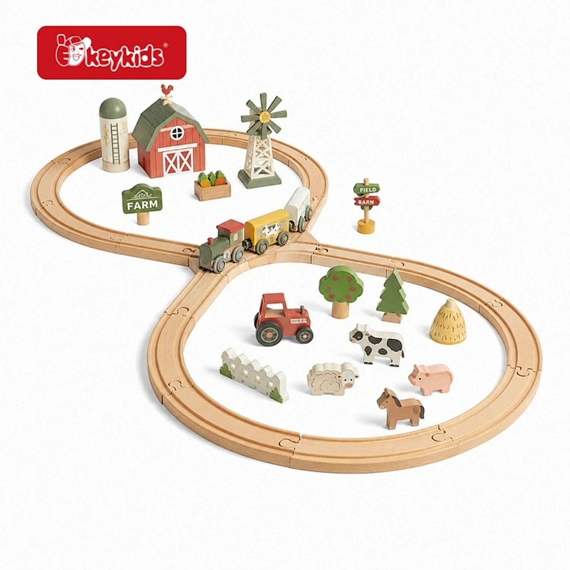 Wooden Figure 8 Farm Train Track Play Set with Barn, Windmill, Farm Animals &Tractor Acces Country Educational Train Toy W04C311